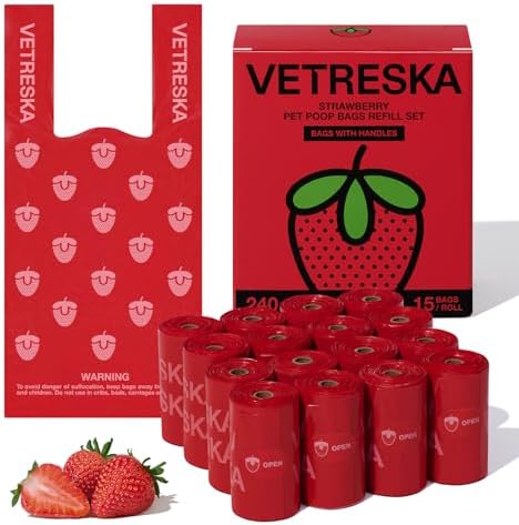 VETRESKA Dog Poop Bag with Handles 240 Count, Strawberry Scented Waste Bag by VETRESKA