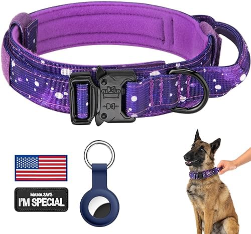 DAGANXI Tactical Dog Collar, Adjustable Military Training Nylon Dog Collar with Control Handle and Heavy Metal Buckle for Medium and Large Dogs, with Patches and Airtags Case (XXL, Purple Sky) by DAGANXI