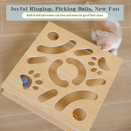 Interactive Wooden Cat Puzzle Toy Box with 4 Balls Interactive Cat Toy for Indoor Cats Indoor Hunting Play Toy Treat Puzzle Toys for Cats - Image 4