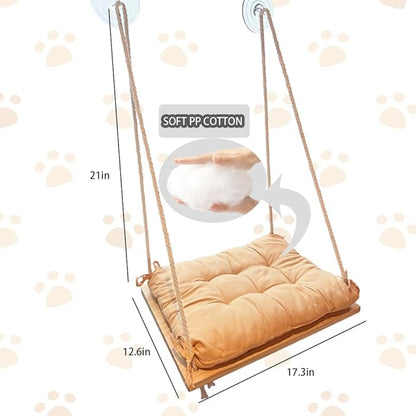 Cat Window Perch with Gunny Rope and Thick Cushion, Wooden Cat Hammock for Window, Bed for for Small Medium Indoor Cats