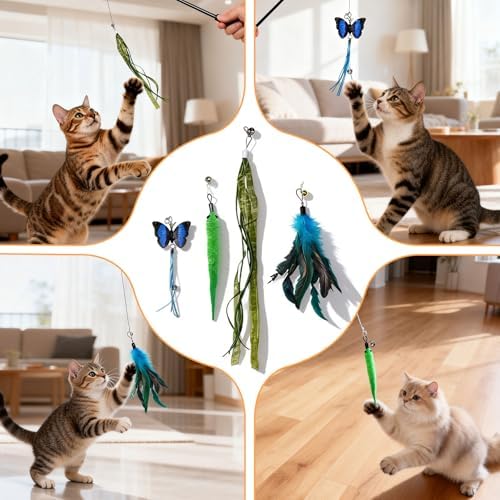 Cat Toys Interactive Feather Teaser Wand Set, 11 Pack Retractable Cat Fishing Pole Toy with Assorted Replaceable Attachments & Bells, Fun Hunting Exercise Toys - Image 7