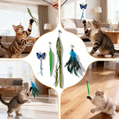Cat Toys Interactive Feather Teaser Wand Set, 11 Pack Retractable Cat Fishing Pole Toy with Assorted Replaceable Attachments & Bells, Fun Hunting Exercise Toys - Image 7