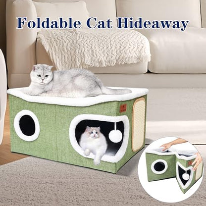 Extra Large Cat Beds for Indoor Cats, Covered Cat Cave Beds & Furniture with Scratch Pad and Fluffy Ball, Foldable Condo Hideaway with Reversible Cushion for Multi Small Pet Large Kittens, Green - Image 6