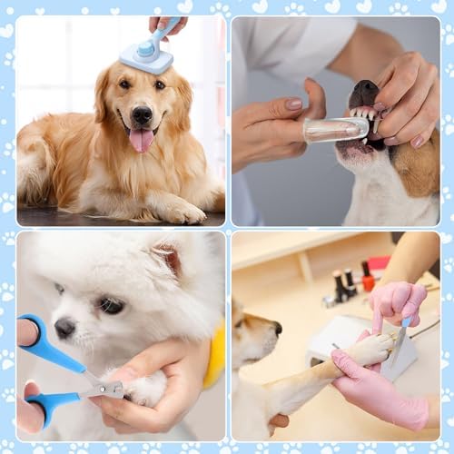 VCZONE 8 Pcs Dog Brush Grooming Kits, Includes Pet Nail Clipper and File, Flea Comb, Pet Shampoo Bath Brush, Pet Shedding Brush, Pet Dematting Comb, Silicone Toothbrush (Blue) - Image 3