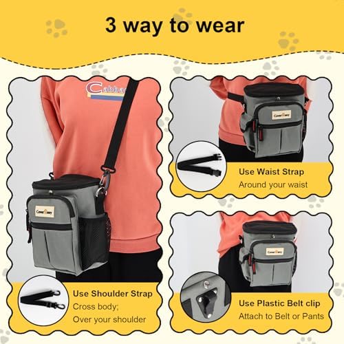 Dog Treat Pouch Open Top for Quick & Spill-Proof Access, Removable Pouch|Poop Bag Dispenser|3 Ways to Wear, Dog Treat Bag - Collapsible Bowl, Training Clicker & Poop Bag for Training & Walking. (Grey) - Image 6