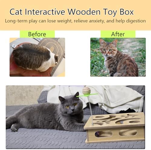 Interactive Wooden Cat Puzzle Toy Box Indoor Hunting Play Toy to Stimulate Your Cat’s Energy and Instincts (Burlywood) - Image 4