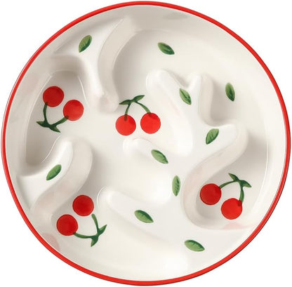 Ceramic Slow Feeder Dog Bowl - Portion Control Feeding Bowl for Medium Dogs – Cute Maze Food Dish for Fast Eaters - 3.1 Cups (310 g) - Doodle Series (Cherry)