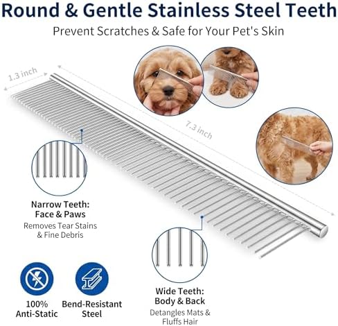 5-in-1 Dog Grooming Kit with Self Cleaning Brush & Rake, Blue - Image 6