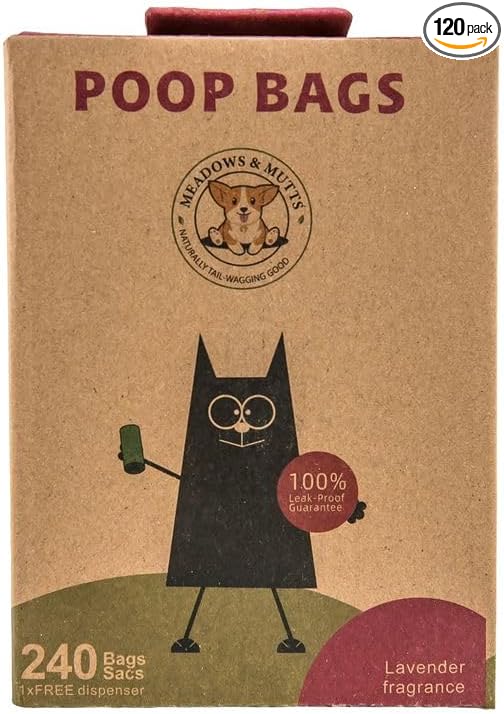MEADOWS & MUTTS Compostable Dog Poop Bags Rolls | Biodegradable, Plant Based & Leak Proof Dog Waste Bags | Lavender Scented Orange Dog Poop Bags | Eco Friendly Poop Bags for Daily Pet Cleanup