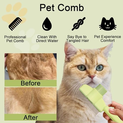 Dogs and Cats Comb with Release Button, Pet Hair Removal Tools with Safe Stainless Steel Teeth for Deshedding, Cat Grooming Supplies for Long/Short Hair, Cat Brush for Shedding, Green - Image 3