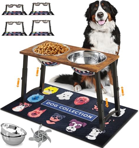 Elevated Dog Bowls for Large Dogs with Slow Feeder & Mat, 4 Height Adjustable & 101oz Bowls, Tall Raised Dog Bowl Stand by TIDANT