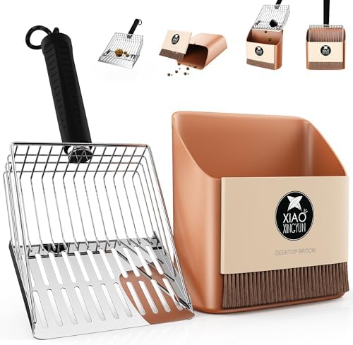 Cat Litter Scooper with Holder, Metal Litter Scoop Includes Portable Small Broom and Dustpan Set, Heavy Duty Stainless Steel Litter Scoop with Coarse and Fine Grid, Quick Sift and Easy Clean by XIAOXINGYUN