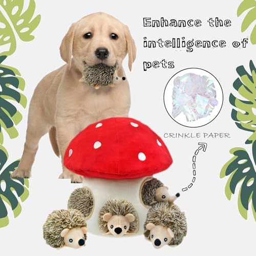 Hide and Seek Dog Toys, Mushroom Crinkle Paper Hideaway with 5 Pack Squeaky Hedgehogs Interactive Plush Puzzle Puppy Chew Toy to Keep Them Busy for Small Medium Large Dogs - Image 5