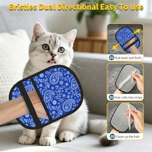 Blue Paisley Pet Hair Removal Glove Brush Pet Hair Remover Tool for Carpet - Image 6