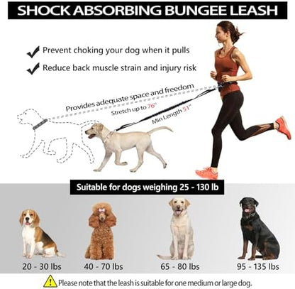 Hands Free Dog Leash, Waist Running Leash with Zipper, Walking Pouch for Medium Large Dogs, Dual Handle and Retractable Bungee for Training Jogging Hiking - Image 2