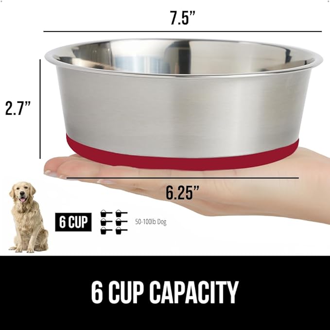 GORILLA GRIP Dog Bowl, Holds 6 Cups (48 fl oz), Food Grade 304 Stainless Steel Food and Water Bowl for Feeding Dogs and Cats, BPA Free Rubber Base, Easy Clean, Dishwasher Safe, Rust Resistant, Red