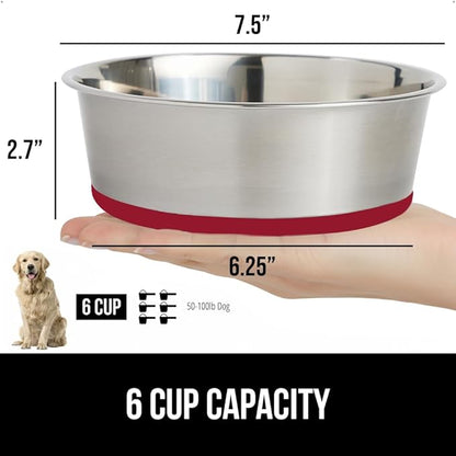 GORILLA GRIP Dog Bowl, Holds 6 Cups (48 fl oz), Food Grade 304 Stainless Steel Food and Water Bowl for Feeding Dogs and Cats, BPA Free Rubber Base, Easy Clean, Dishwasher Safe, Rust Resistant, Red