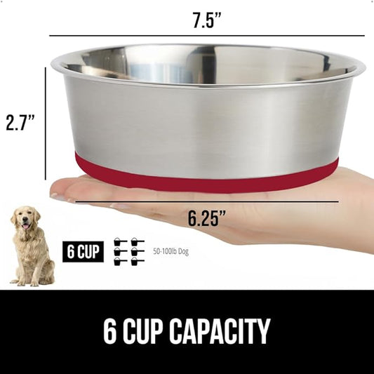 GORILLA GRIP Dog Bowl, Holds 6 Cups (48 fl oz), Food Grade 304 Stainless Steel Food and Water Bowl for Feeding Dogs and Cats, BPA Free Rubber Base, Easy Clean, Dishwasher Safe, Rust Resistant, Red