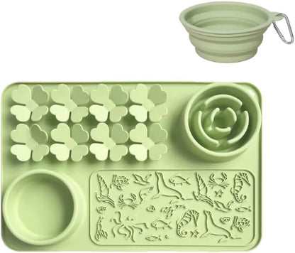 Silicone Lick Mat & Slow Feeder Bowl for Dogs and Cats – Suction Cup Snuffle Mat for Dogs and Cats – Slow Eating, Smell Training, Collapsible Portable Pet Bowl (Green)