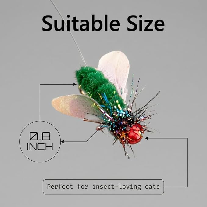 Feather Cat Toy Attachments - 2 Pcs Handmade Simulation Insects Natural Small Flies - Cat Toy Wand Refills - Mini Insects Cat Lures Wand Attachment Replacement for Kitty Kitten Indoor