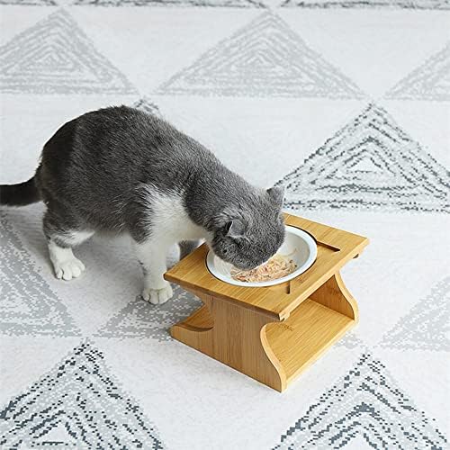 Cat Bowls Pet Dining Table with Raised Slope Wooden Stand Elevated Pet Bowls with Oblique Stand for More Comfortable Eating for Cats, Dogs, Kitten and Puppy (Single Bowl, Ceramics) - Image 2