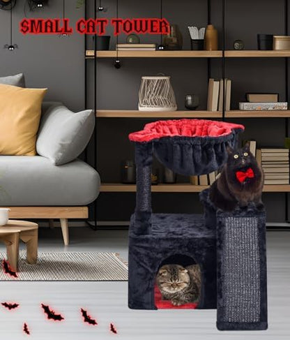 SYANDLVY Gothic Cat Tree for Indoor Cats Large Adult, Modern Activity Tower with Scratching Posts & Board, Condo with Plush Perch, Cradle & Hanging Ball & Spider for Play, Black - Image 2