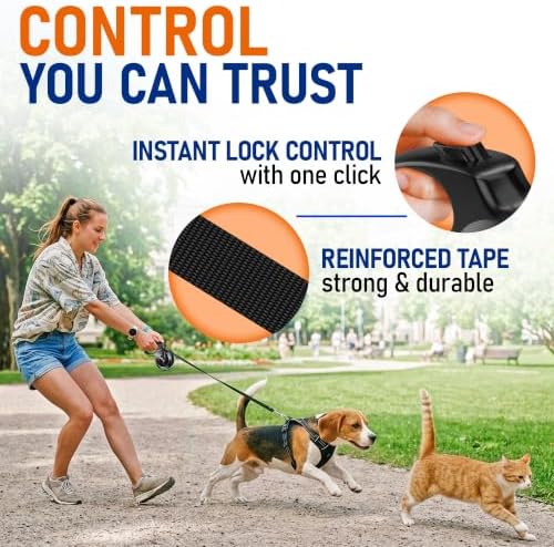20.1 ft Retractable Dog Leash for Dogs 10–100 lbs - Heavy Duty Tape Leash with Strong Nylon Tape - 360° Swivel Control - One-Click Brake & Lock - Ergonomic Non-Slip Grip for Safe & Easy Daily Walks BK - Image 5
