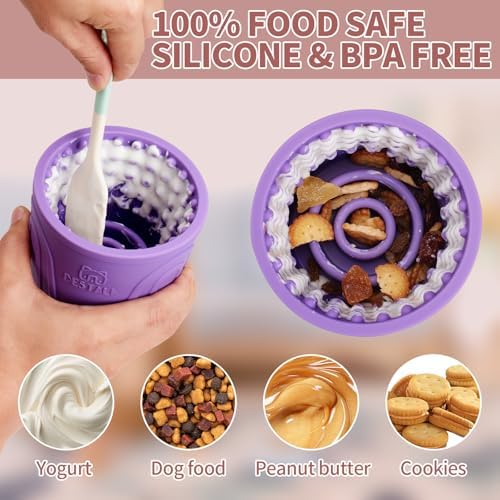 Dog Lick Bowl, Bestalk Anxiety Relief Slow Feeder Dog Lick Mat Treat Dispenser, Non-Slip Dog Licking Bowl Dog Enrichment Toys for Small Medium and Large Breed Dogs, BPA Free Silicone(Purple,M-L) - Image 6