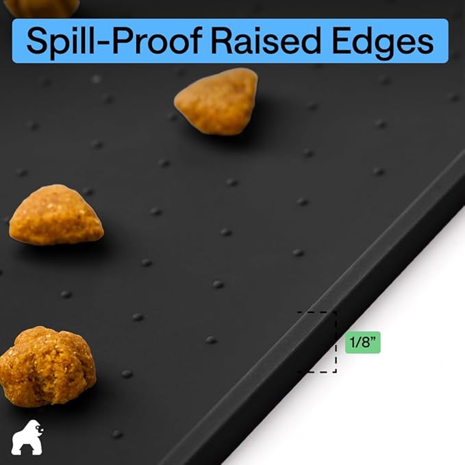 GORILLA GRIP 100% Waterproof Raised Edge BPA Free Silicone Pet Feeding Mat, Dog Cat Food Mats Contain Spills Protects Floors, Placemats for Cats and Dogs Water Bowl, Pets Accessories 23x15 Black
