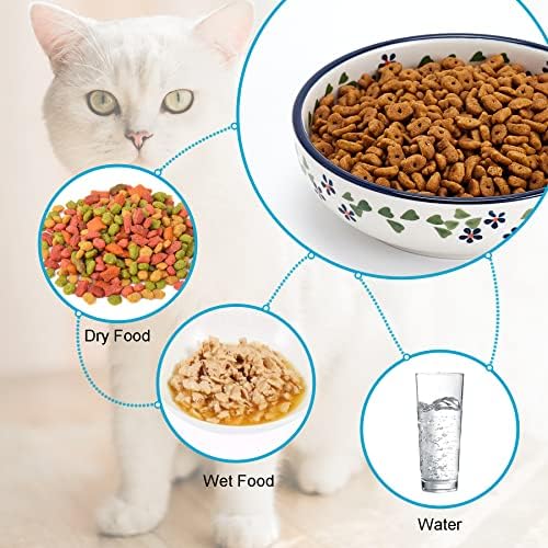 Ceramic Cat Bowls, Howise 5.3 in Cat Food Bowl, Cat Dishes for Food and Water, 3 Pack Shallow Pet Bowls for Indoor Cats, Floral Blue - Image 2