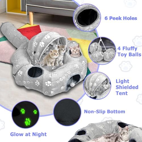 Cat Tunnel Bed, Cat Tunnels for Indoor Cats, Cat Donut Tunnel Toy with Washable Circle Cushion, Straight Shaped Tunnel, 4 Fluffy Balls, Blackout Tent, Self-Luminous Cat Toys（Grey） - Image 4
