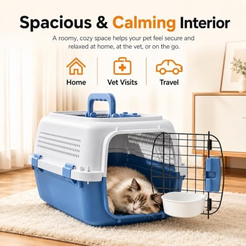 23" Airline Approved Cat Carrier Hard Shell, Dual-Entry Pet Carrier with Top & Front Doors, Detachable Food Bowl & Secure Lock, Breathable Dog Carrier for Cats & Small Dogs Up to 22 lbs - Blue - Image 7