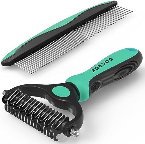 Docrok Pet Grooming Brush and Metal Comb Combo for Dogs & Cats, Green by DOCROK