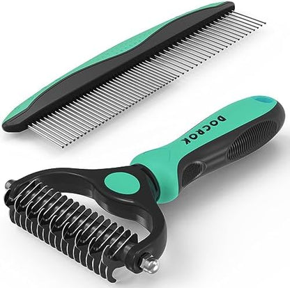 Docrok Pet Grooming Brush and Metal Comb Combo for Dogs & Cats, Green by DOCROK