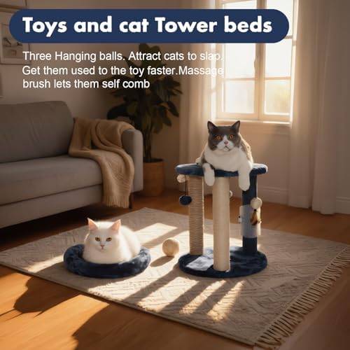 MECOOL Cat Scratching Post Tree with Tower Soft Bed.Natural Quality Sisal Carpet Jute Scratch Posts with Three Hanging Ball Toys and Massage Brush for Indoor Cats and Kittens Blue - Image 6