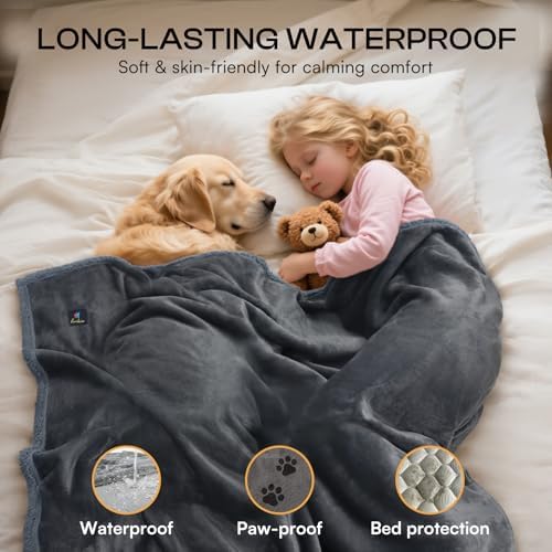 Luciphia Waterproof Bed Blanket Washable, Soft Sherpa Fleece Puppy Reversible Throw Blankets for Medium Large Dog Cat, Furniture Cover Protector Couch Bed from Liquid Pee and Pet Fur, Grey,65" x 57" - Image 2