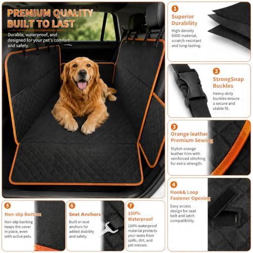 Dog Car Seat Cover for Back Seat, Waterproof Dog Hammock for Car, Non-Slip Dog Covers for Cars Backseat, Universal Pet Car Seat Cover Protector for Cars SUVs Trucks (Black Orange Edge) - Image 3