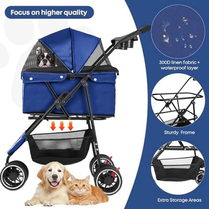 Pet Stroller,Dog Stroller for Small Medium Dogs Cats,3 Wheels,Navy Blue - Image 3