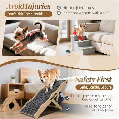 2026 Upgraded Small Dog Ramp for Couch Foldable, 5 Ajustable Height | Height from 9.8" to 20.5", Portable Stable Pet Steps with Non-Slip Pad, Pet Ramps Use for Sofa Couch Stairs, Wood - Image 3