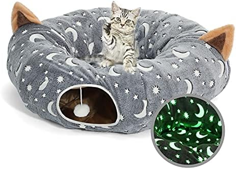 Cat Tunnel Bed Under Christmas Tree with Plush Ball Toy Playground Crinkle Collapsible Self-Luminous Flannel Fabric 3FT for Large Cats Kittens Kitty Small Animals Puppy Grey Moon Star by MAKEPETLUCKY-WelcometoCatTunnelClub