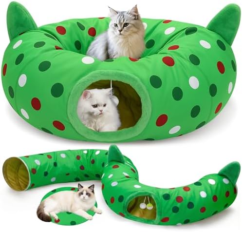 Cat Tunnel Christmas Tree Skirt, 3ft x 3ft x 9.8in Cat Tunnels for Indoor Cats, Grinch Cat Tunnel Bed with Hanging Ball and Cat Ears, Kitten Toys for Indoor Kittens Puppy Rabbit Ferret by CORALMEE