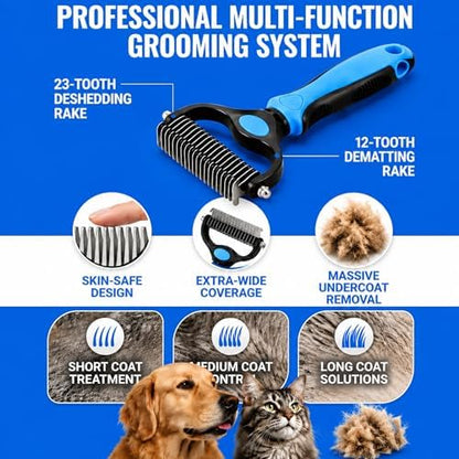 2-in-1 Double-Sided Pet Grooming Comb for Dogs & Cats - Deshedding Brush & Rounded-Tooth Dematting Tool | Painlessly Removes Knots, Tangles, Loose Undercoat & Fur in Thick/Long Coats (Blue-Large*2) - Image 3