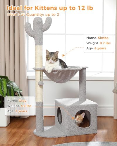 MUTTROS Cactus Cat Tree Cat Scratching Post 40" Cat Tower with Large Metal Carpet Hammock, Cat Scratching Post for Indoor Cats with Condo& Dangling Ball, Grey - Image 2