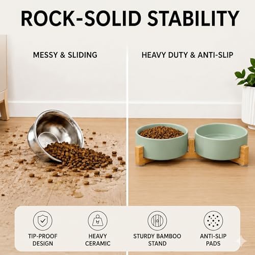 SPUNKYJUNKY Ceramic Dog and Cat Bowl Set with Wooden Stand, Modern Cute Weighted Food Water Set for Small Size Dogs (13.5OZ) & Medium Sized Dogs (28.7OZ) & Cats (1.7 Cups, 2 × Morandi Green) - Image 3