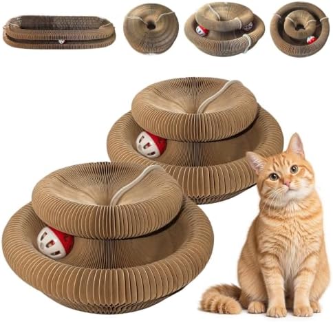 2-Pack Cat Pad Scratcher Toys, Magic Organ Cat Toy & Kitty Curls Cat Toy, Interactive Cardboard Cat Scratching Board with Bell Balls, Corrugated Scratcher for Indoor Cats, Furniture Protection by ExploreHomlume