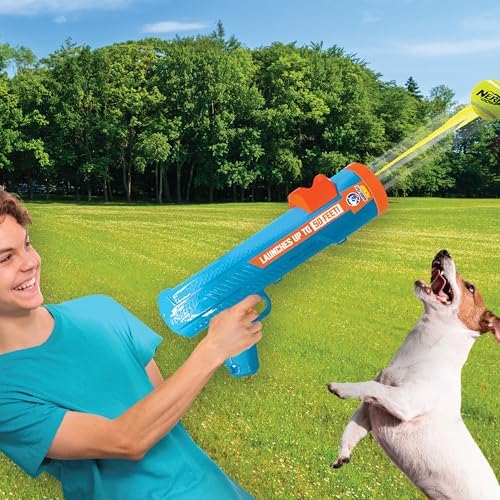 Nerf Dog 16in EXO Blaster Without Ball Clip and 2.5in Non-Squeak Tennis Ball 4-Pack Dog Toy - Light Blue/Orange and Green - Image 2