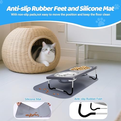 Upgraded Elevated Cat Bowls with Food Mat,10°Tilted Foldable Stand Anti Vomiting Raised Cat Dishes for Food and Water,2 Stainless Steel Bowls for Cats and Puppy(with Mat) - Image 4