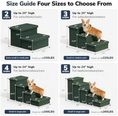 3-Step Wide Dog Stairs with Hidden Storage 18" H, Non-Slip Dog Steps for High Bed Couch Window Car, Jiont-Friendly Pet Stairs Ramp for Small/Medium/Large Old Dogs Cats Up to 200lbs, Dark Green - Image 2