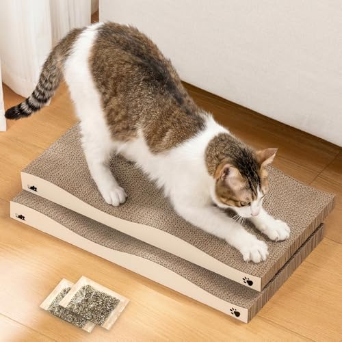 Cat Scratcher, Durable Scratch Pad, Corrugated Cardboard Scratching Board for Indoor Cats, Heavy Duty, Double-Sided Usability, Recyclable, with Catnip, 2 Pack by Conlun