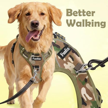 Funfox Dog Harness No Pull, Adjustable Pet Vest Harness, Super Soft Material with Vertical Handle Easy Control, Reflective Night Walking, 2 Leash Clips for Large Dogs, Camo Green, L - Image 2